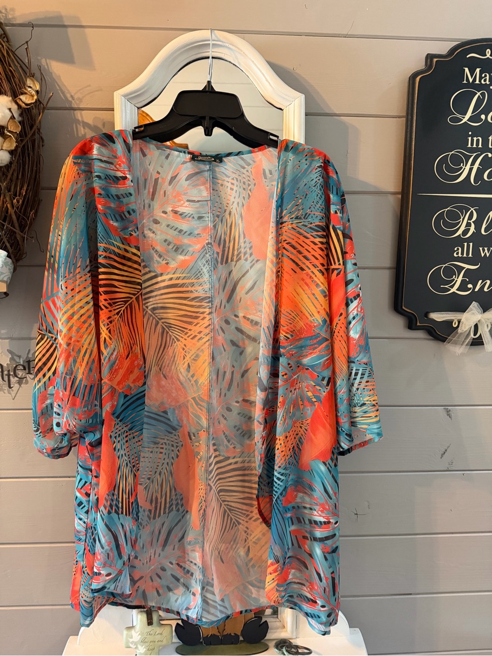 Tropical Leaf Sheer Open-Front Kimono - Coral & Teal